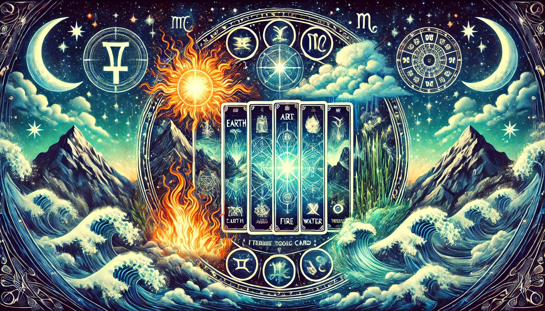 Mystical Tarot Card Reading for Elemental and Zodiac Insights – A tarot deck surrounded by symbols of Earth, Air, Fire, and Water, with zodiac signs encircling the deck, set against a cosmic mandala with shimmering constellations.