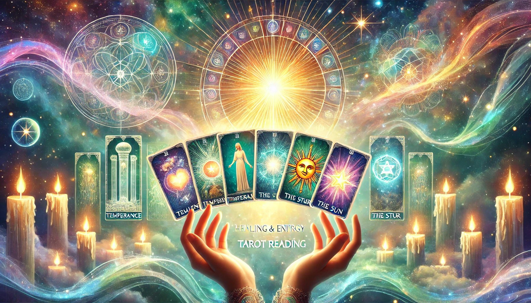 Mystical Tarot Card Reading for Healing & Energy – A glowing tarot deck featuring Temperance, The Star, and The Sun, with radiant energy waves, chakra wheel, and cosmic background representing spiritual alignment and emotional healing.