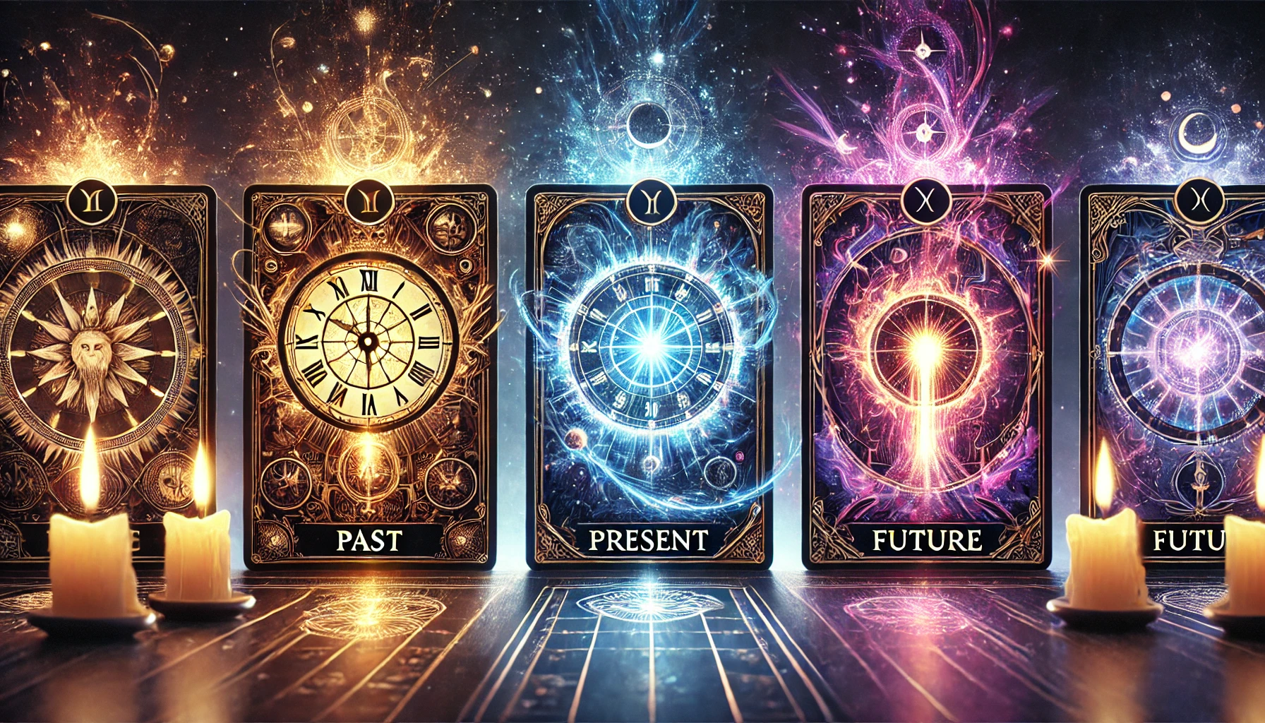 Mystical Tarot Card Reading for Past, Present, and Future Insights – Three glowing tarot cards representing the past with an ancient clock, the present with a radiant compass, and the future with a mysterious portal, set against a cosmic background with zodiac symbols.