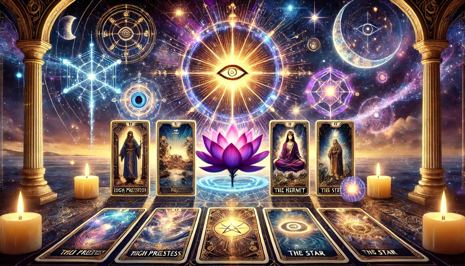 Mystical Tarot Card Reading for Spiritual Growth and Self-Discovery – A glowing tarot deck featuring The High Priestess, The Hermit, and The Star, surrounded by sacred geometry, aura lights, and cosmic symbols, representing enlightenment and inner wisdom.