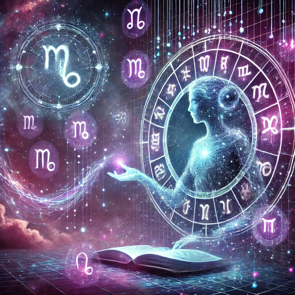 Mystical AI-infused self-portrait featuring a celestial figure surrounded by glowing zodiac symbols, swirling galaxies, and a futuristic holographic astrological chart. The digital artwork blends cosmic energy with artificial intelligence elements, showcasing an ethereal and visionary representation of self-discovery, wisdom, and technological mysticism. The deep purples, blues, and neon accents enhance the surreal, otherworldly atmosphere, making it a captivating fusion of astrology and AI futurism.